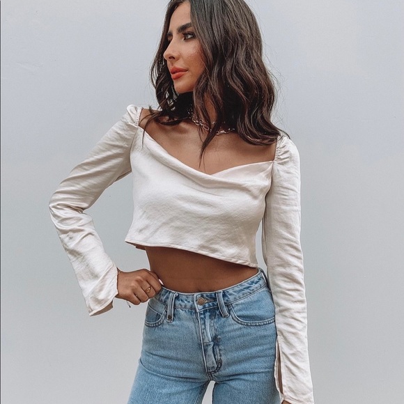 Princess Polly Tops - Princess Polly Satin Bell Sleeves Cowl Neck Champagne Love Song Crop Top NWT